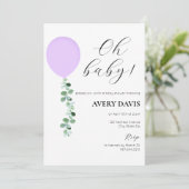 ベビーシャワー招待状、ベビーガール、紫色のバルーン 招待状 (スタンド正面)