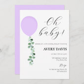 ベビーシャワー招待状、ベビーガール、紫色のバルーン 招待状 (正面/裏面)