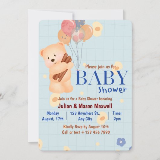 ベビーシャワー招待状 – ベージュと青かわいいクマ 招待状 (正面)