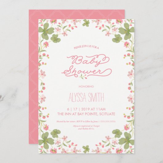 ベビーシャワー招待状-ヴィンテージ花模様フェミニン, 招待状 (正面/裏面)