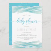 ベビーシャワー招待状 – 水彩、青、銀 招待状 (正面/裏面)