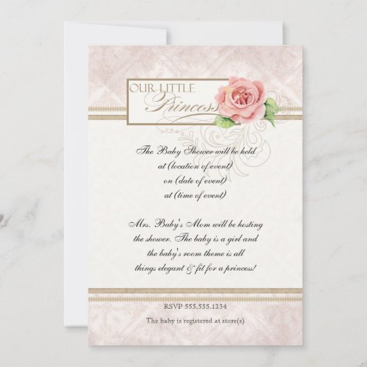 ベビーシャワー招待状 – 私たちの小さなプリンセス、バラ 招待状 (裏面)