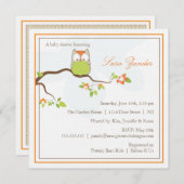 ベビーシャワー招待状-緑とオレンジのベビーフクロウ 招待状 (正面/裏面)