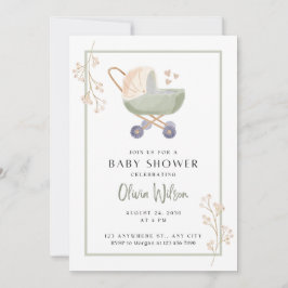 ベビーシャワー招待状 緑の花 赤ちゃんの車 招待状