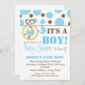 ベビーシャワー招待状-青おむつピン&水玉模様 招待状 (正面/裏面)