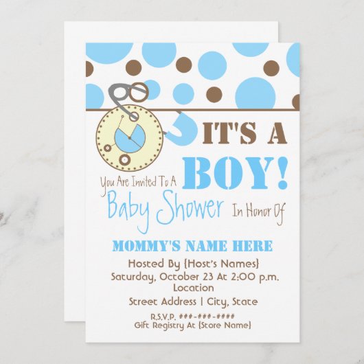 ベビーシャワー招待状-青おむつピン&水玉模様 招待状 (正面/裏面)