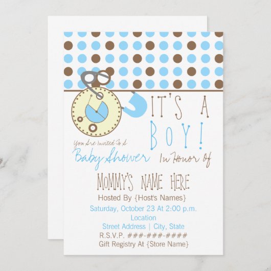 ベビーシャワー招待状-青おむつピン&水玉模様 招待状 (正面/裏面)