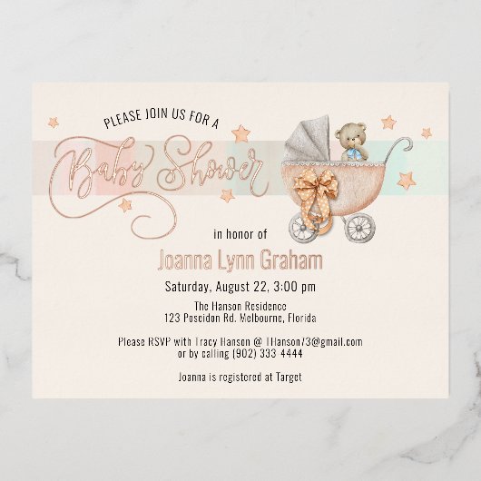 ベビーシャワー招待状 | Teddy Bear Foilはがき 箔シーズンポストカード (正面)