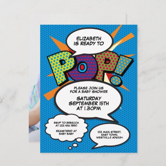 ベビーシャワー散水写真モダンおもしろい漫画青 インビテーションポストカード (正面/裏面)