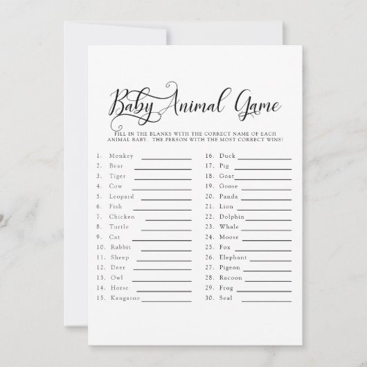 ベビーシャワー文字のみベビーアニマルゲーム招待状 招待状 (正面)
