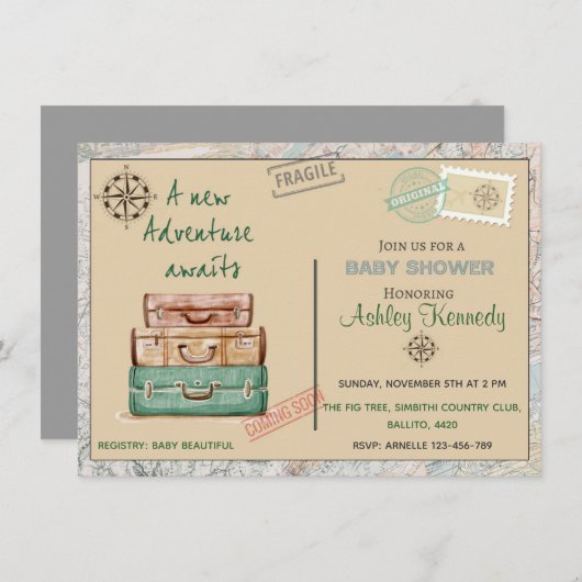 ベビーシャワー旅行テーマのパーティの招待状4 x 6 招待状 (正面/裏面)