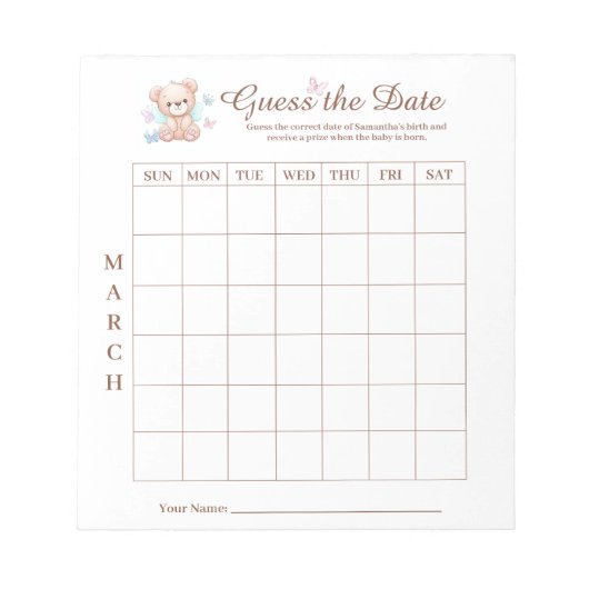 ベビーシャワー日付ゲーム活動メモ帳 ノートパッド (正面)
