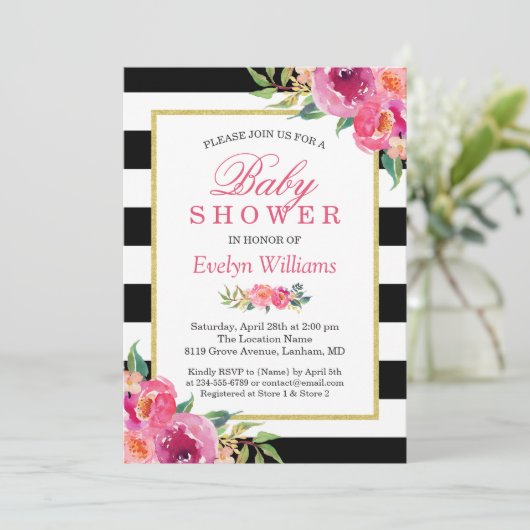 ベビーシャワー明るい赤紫色パープルレッドフローラ 招待状 (スタンド正面)