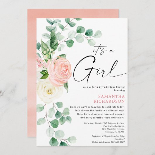 ベビーシャワー春フローラピンク緑でドライブ 招待状 (正面/裏面)