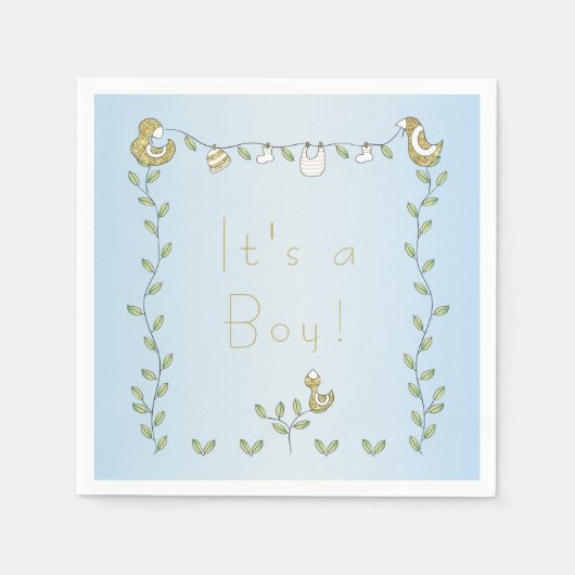 ベビーシャワー標準ナプキンブルー"金ゴールド鳥" スタンダードカクテルナプキン (正面)