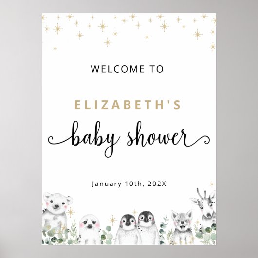 ベビーシャワー歓迎の冬ワンダーランド動物ポスト ポスター (正面)
