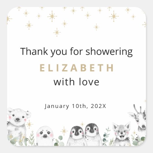 ベビーシャワー歓迎の冬ワンダーランド動物 スクエアシール (正面)