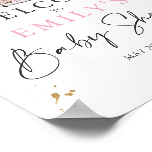 ベビーシャワー歓迎サインピンクフローラ ポスター (角)