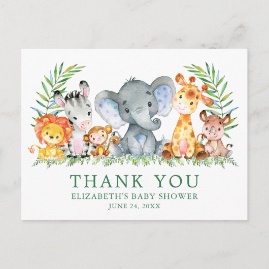 ベビーシャワー水彩サファリの動物たちありがとう ポストカード (正面)