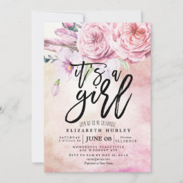 ベビーシャワー水彩ボヘミアンフラワーズ&フェザー 招待状