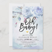 ベビーシャワー水彩ボヘミアンフラワーズ&フェザー 招待状 (正面)