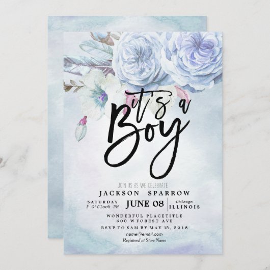 ベビーシャワー水彩ボヘミアンフラワーズ&フェザー 招待状 (正面/裏面)