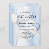 ベビーシャワー水彩青い白いバルーンパーティー 招待状 (正面/裏面)