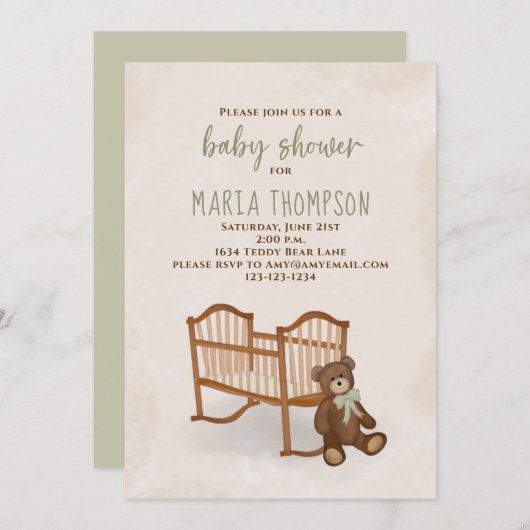 ベビーシャワー水男女兼用色テディ 招待状 (正面/裏面)
