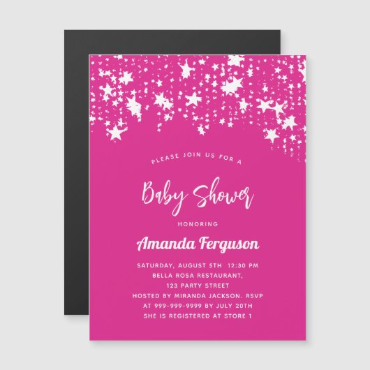 ベビーシャワー熱ピンクの白い星の女の子ラグジュアリー マグネット招待状 (正面/裏面)
