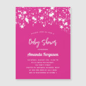 ベビーシャワー熱ピンクの白い星の女の子ラグジュアリー マグネット招待状 (正面)