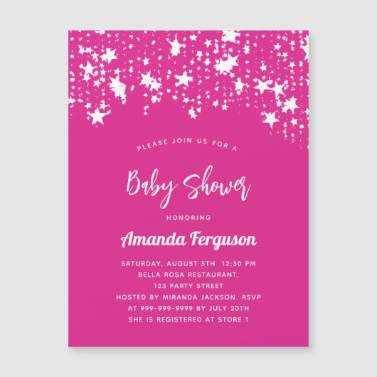 ベビーシャワー熱ピンクの白い星の女の子ラグジュアリー マグネット招待状 (正面)