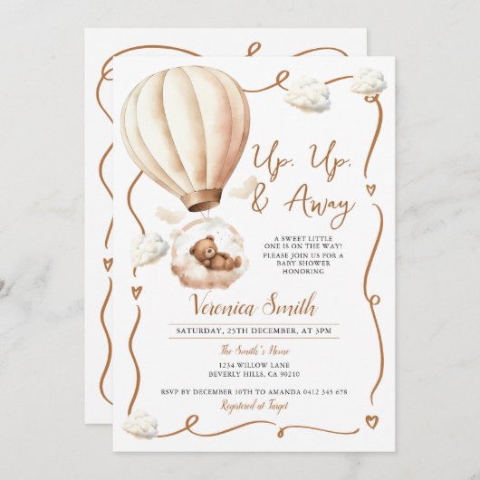 ベビーシャワー熱気球、上遠くにへ 招待状 (正面/裏面)