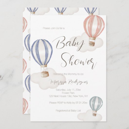 ベビーシャワー熱風船男女兼用 招待状 (正面/裏面)