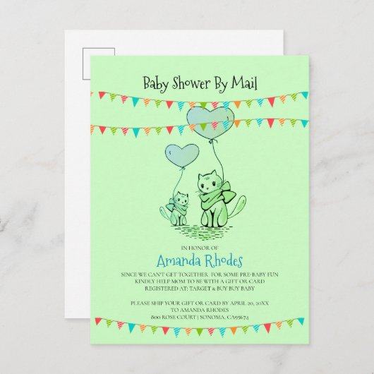 ベビーシャワー猫及び子猫招待状バイメール インビテーションポストカード (正面/裏面)
