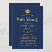 ベビーシャワー王室の金ゴールドクラウンエレガントネイビーブルー 招待状 (正面/裏面)