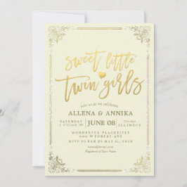 ベビーシャワー甘い小さな双子の女の子の金ゴールドフレーム 招待状