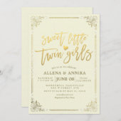 ベビーシャワー甘い小さな双子の女の子の金ゴールドフレーム 招待状 (正面/裏面)
