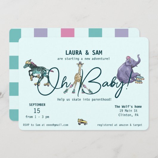 ベビーシャワー用のスケート招待状 セーブザデート (正面/裏面)