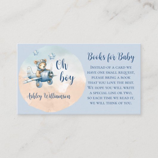 ベビーシャワー用のテディベアアビエーターブック エンクロージャーカード (正面)