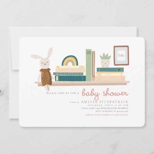 ベビーシャワー用のピンクとミントの本 招待状 (正面)