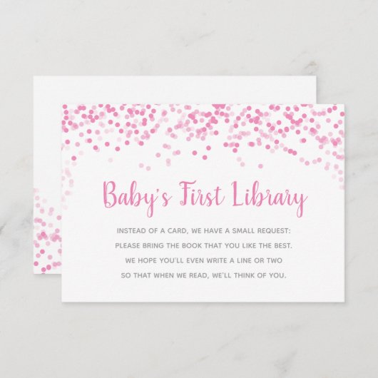 ベビーシャワー用の本ピンクの紙吹雪シャワーカード 招待状 (正面/裏面)