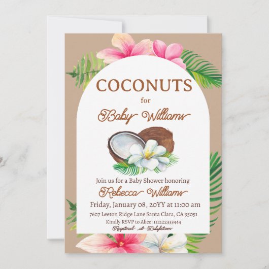 ベビーシャワー用の熱帯ベージュフローラココナッツ 招待状 (正面)
