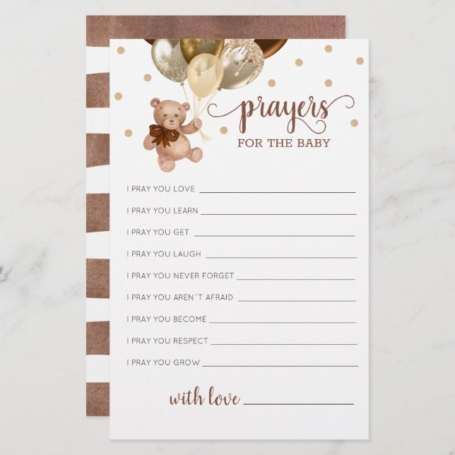 ベビーシャワー用の編集可能祈りの言葉テディベア (正面/裏面)