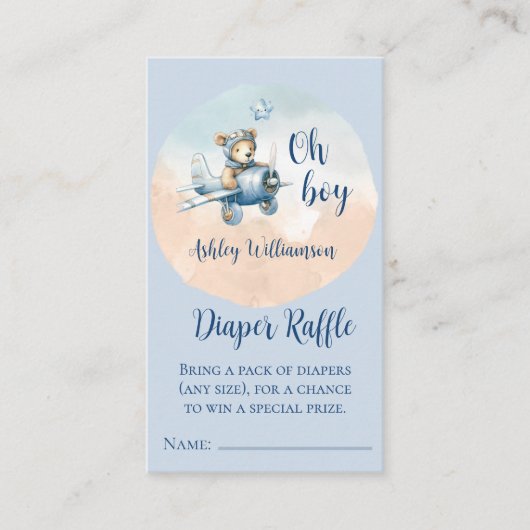 ベビーシャワー用テディベアアビエータオムツラッフル エンクロージャーカード (正面)