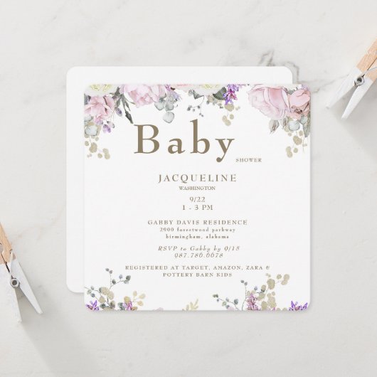 ベビーシャワー用ピンクローズ招待状 招待状 (正面/裏面インサイチュ)