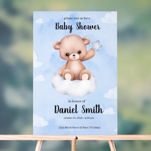 ベビーシャワー用ブルーウォーターカラーテディベア アクリルサイン (ニュートラル)