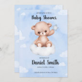 ベビーシャワー用ブルーウォーターカラーテディベア 招待状 (正面/裏面)
