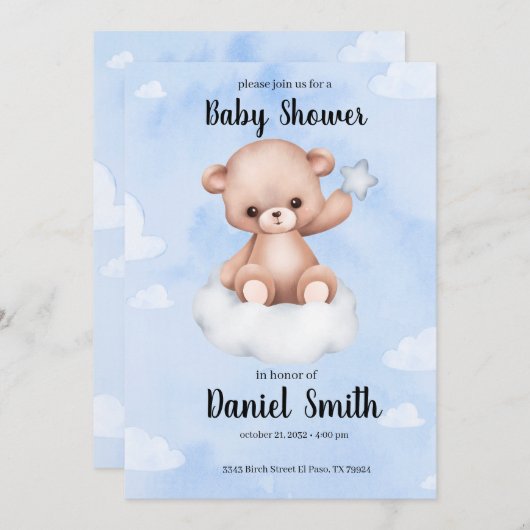 ベビーシャワー用ブルーウォーターカラーテディベア 招待状 (正面/裏面)