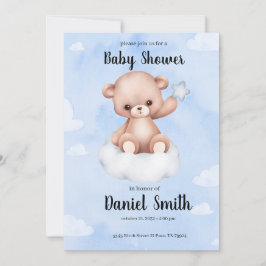 ベビーシャワー用ブルーウォーターカラーテディベア 招待状