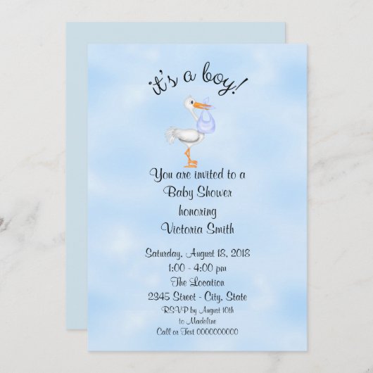 ベビーシャワー男の子の男の赤ちゃんコウノトリ 招待状 (正面/裏面)